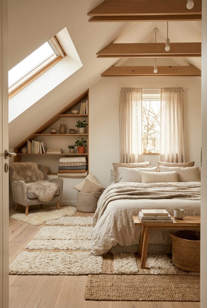 Chambre sous comble cosy avec textiles doux et ambiance chaleureuse