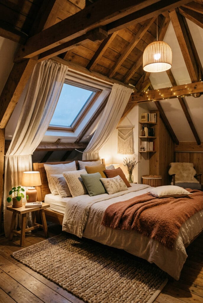 Chambre sous comble chaleureuse décorée avec textiles naturels et atmosphère cocooning