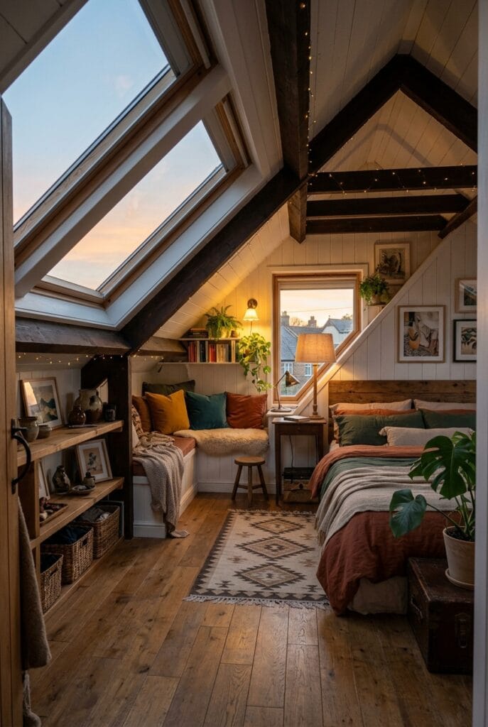 Chambre sous comble aménagée avec des rangements intégrés et un espace cosy sous la pente du toit