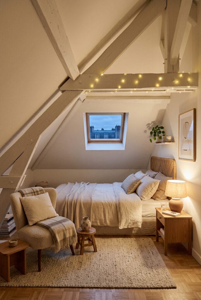 Chambre sous comble lumineuse décorée avec des teintes claires et une ambiance douce