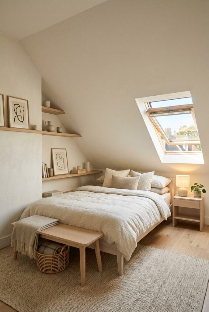 Chambre sous comble cosy avec décoration claire et ambiance lumineuse sous les toits