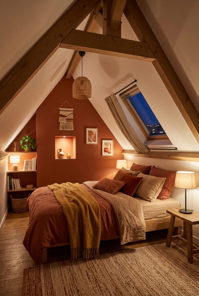 Chambre sous comble cosy avec couleurs profondes et ambiance chaleureuse