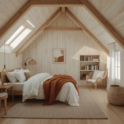 Chambre sous comble aménagée en cocon douillet avec poutres en bois, lit à la décoration cosy, coin lecture intégré et éclairage chaleureux.