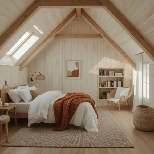 Chambre sous comble aménagée en cocon douillet avec poutres en bois, lit à la décoration cosy, coin lecture intégré et éclairage chaleureux.