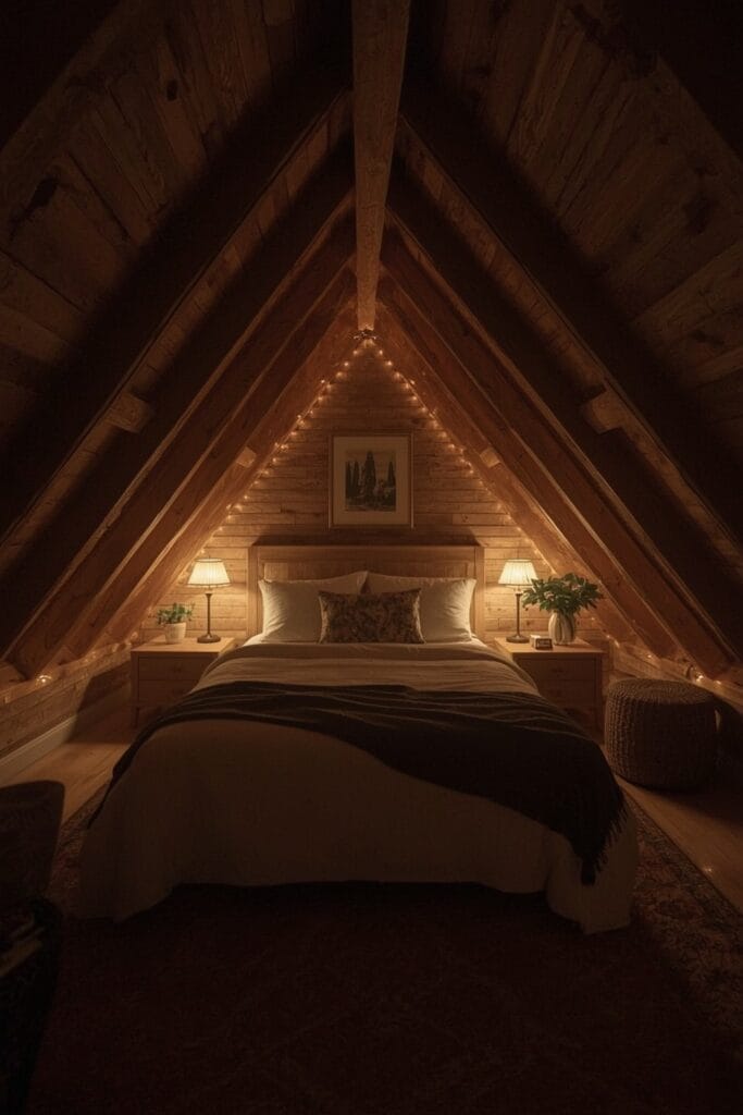 une chambre sous comble baignée de lumiere dorée dans une ambiance cocooning.