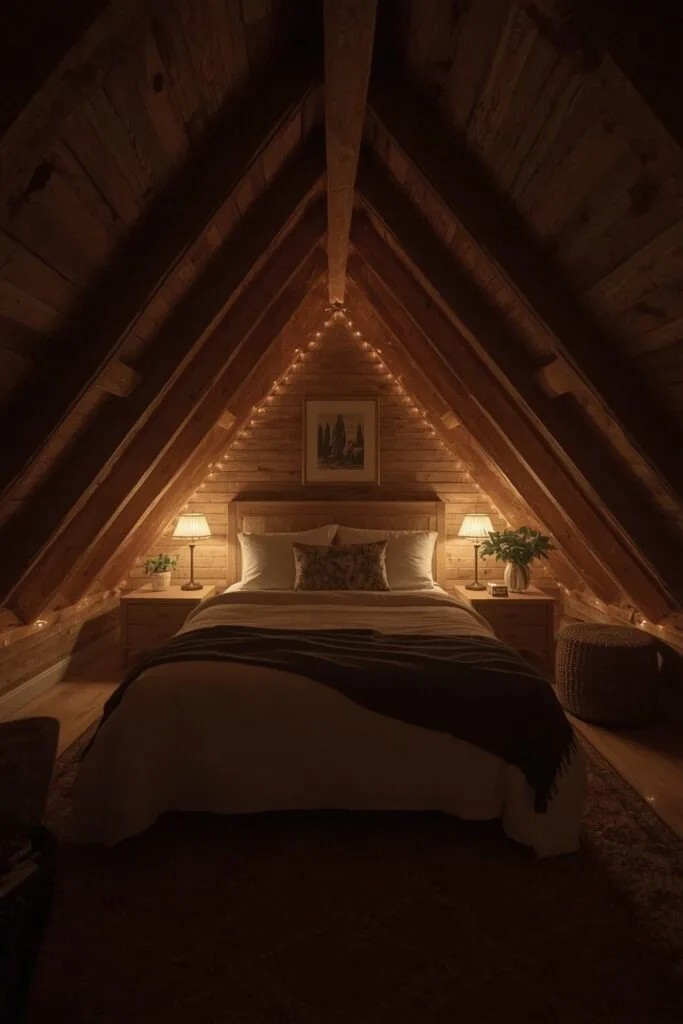 une chambre sous comble baignée de lumiere dorée dans une ambiance cocooning.