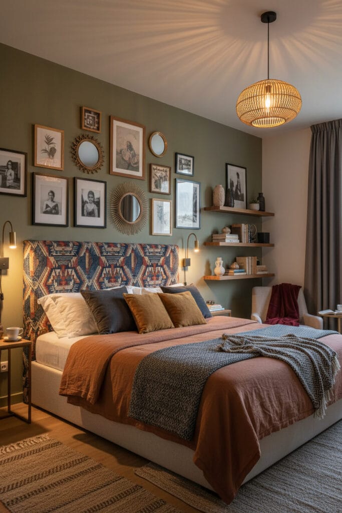 Ultra-realistic vertical 2:3 master bedroom in a standard apartment within a residential building, designed in a warm eclectic refined style. Captured in evening light, the focus is on a wall adorned with a curated mix of framed artworks, mirrors, and personal photos forming a lively gallery. Shelves are located on adjacent walls next to the bed, never above the headboard. The bed features a stylish, design headboard aligned with the eclectic style. A single central pendant light softly illuminates the room, complemented by sleek wall-mounted sconces without visible wiring. Walls are painted in muted olive green, unique from previous images. The diagonal perspective from the corner near the adjacent wall shows depth and verticality, highlighting the wall composition while keeping parts of the bed and furniture in view. Decorative accents in cozy, contrasting colors enhance the warmth. The atmosphere is intimate, refined, and inviting, turning the walls into a poetic focal point of the bedroom.