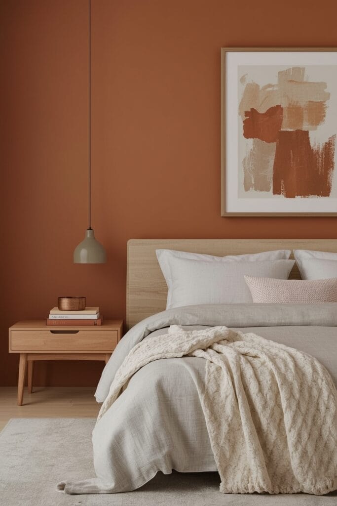 Déco chambre adulte tendance avec un mur terre de Sienne mat, tête de lit en bois clair, linge de lit en lin, plaid tricoté et décorations stables en bois, créant une ambiance cocooning et apaisante.