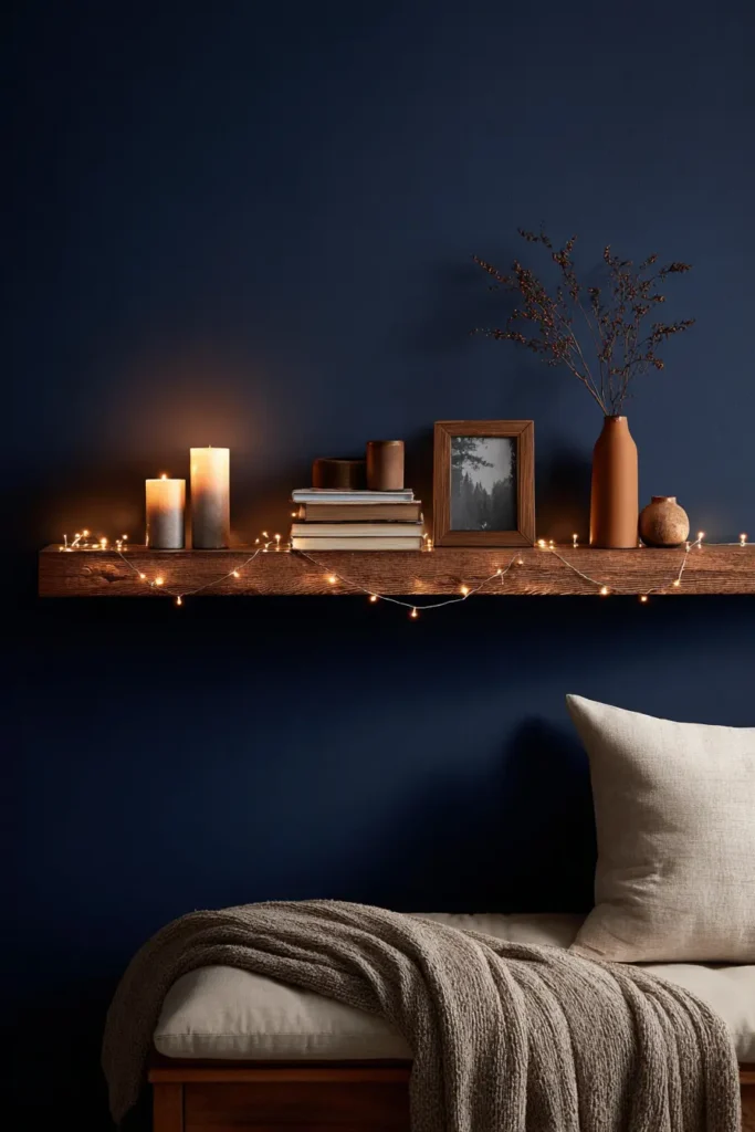Déco chambre adulte tendance avec guirlande LED dans une étagère, créant une ambiance romantique et cosy avec bougies, cadres et objets en bois.