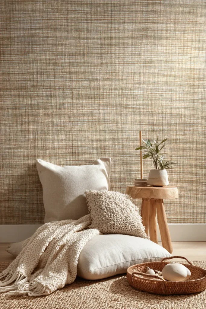 Déco chambre adulte tendance avec papier peint texture fibre naturelle dans un coin méditation, coussin, plaids et objets en bois et rotin pour une ambiance cocooning.