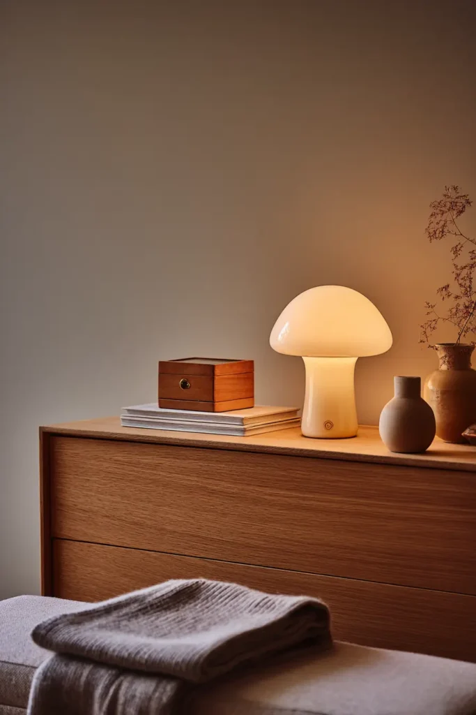 Déco chambre adulte tendance avec lampe champignon en verre opalin sur une commode, créant une ambiance cosy et apaisante avec livres et objets décoratifs.