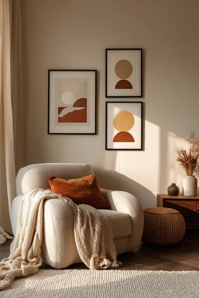 Déco chambre adulte tendance avec mur-galerie vertical de 3 cadres identiques, fauteuil de lecture et literie sophistiquée dans une ambiance cocooning.