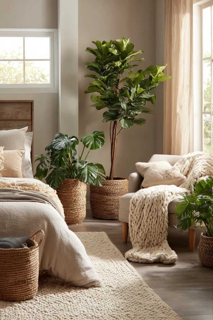 Déco chambre adulte tendance avec deux grandes plantes verticales en pots naturels, linge de lit en lin et fauteuil avec plaid dans une ambiance cocooning.