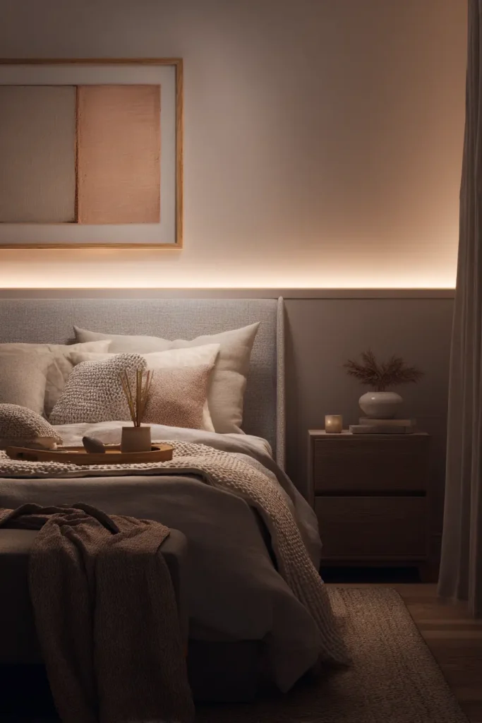 Déco chambre adulte tendance avec frise lumineuse LED cachée derrière la tête de lit, éclairage chaud et doux, plaids en laine, coussins en lin et objets en bois, ambiance cocooning soirée.