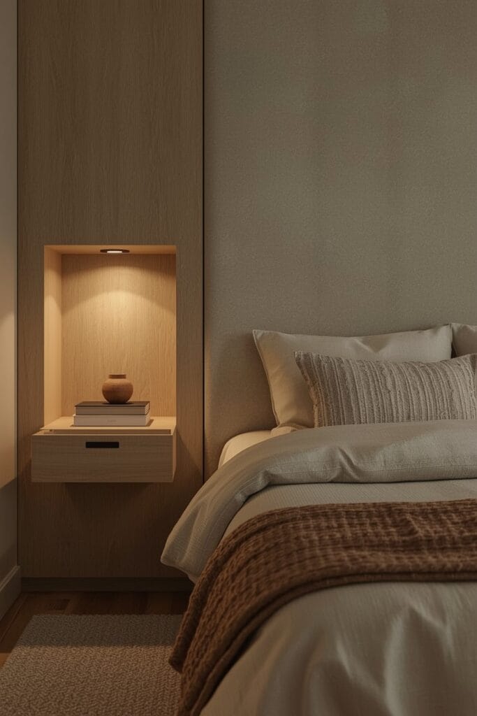 Déco chambre adulte tendance avec niches murales remplaçant les tables de chevet, éclairage intégré chaud, bois clair et objets décoratifs, ambiance cocooning soirée.