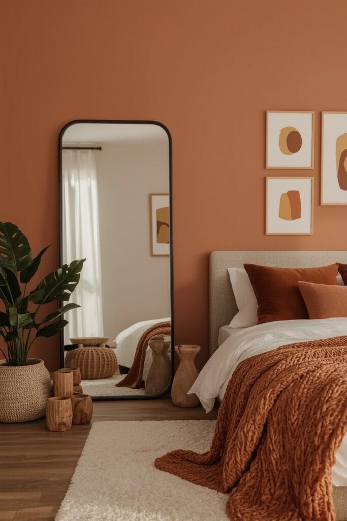 Déco chambre adulte tendance avec miroir noir au sol, mur terracotta, galerie de tableaux, textiles et plantes pour une ambiance cocooning.