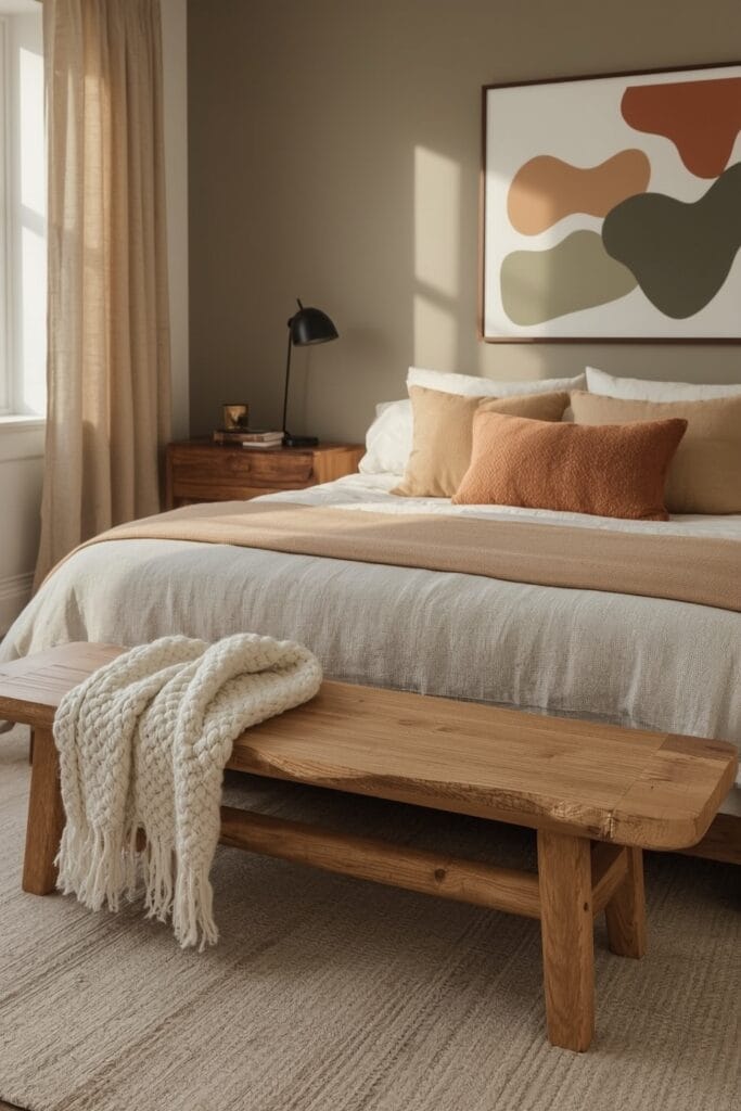 Déco chambre adulte tendance avec banc en bois brut au pied du lit, plaid en laine, coussin terracotta et tableau abstrait dans une ambiance cocooning.