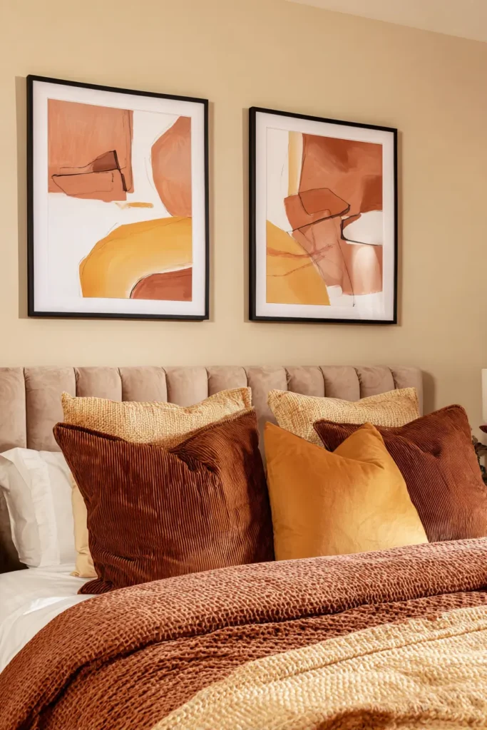 Déco chambre adulte tendance avec deux affiches abstraites aux tons chauds au-dessus du lit, tête de lit capitonnée, plaids et coussins assortis dans une ambiance cocooning.