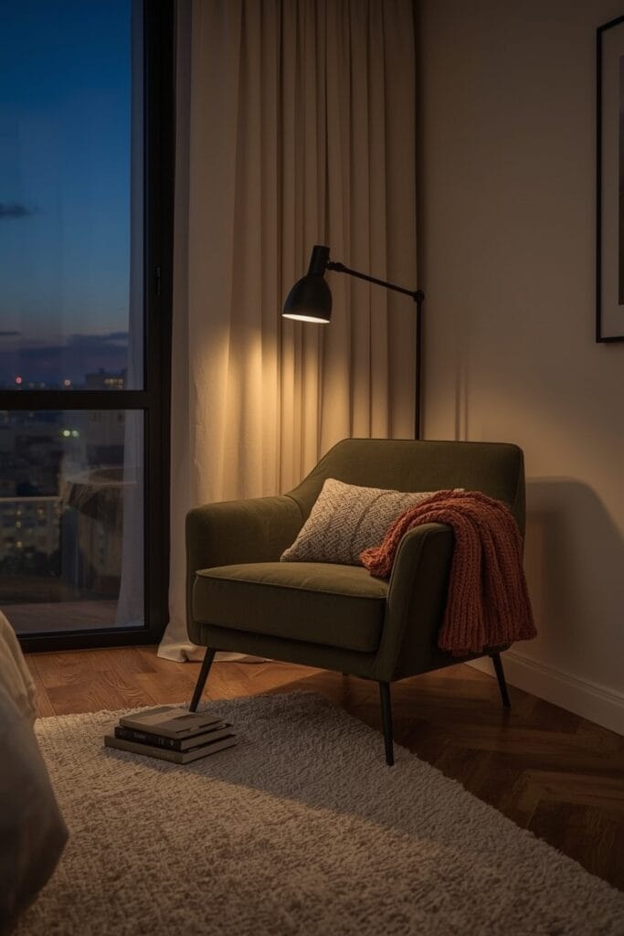 Déco chambre adulte tendance avec coin lecture comprenant fauteuil compact, applique orientable, plaid et coussin dans une ambiance cocooning crépusculaire.