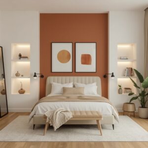 Déco chambre adulte tendance avec un mur terre de Sienne, une tête de lit en bois rainuré, des niches murales et un éclairage doux pour un havre de paix cosy.