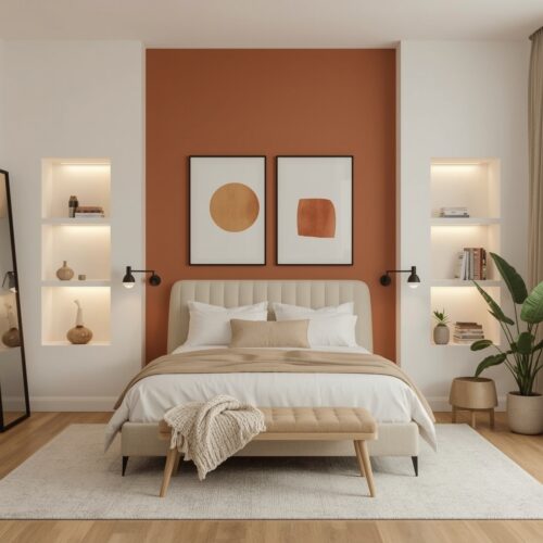 Déco chambre adulte tendance avec un mur terre de Sienne, une tête de lit en bois rainuré, des niches murales et un éclairage doux pour un havre de paix cosy.