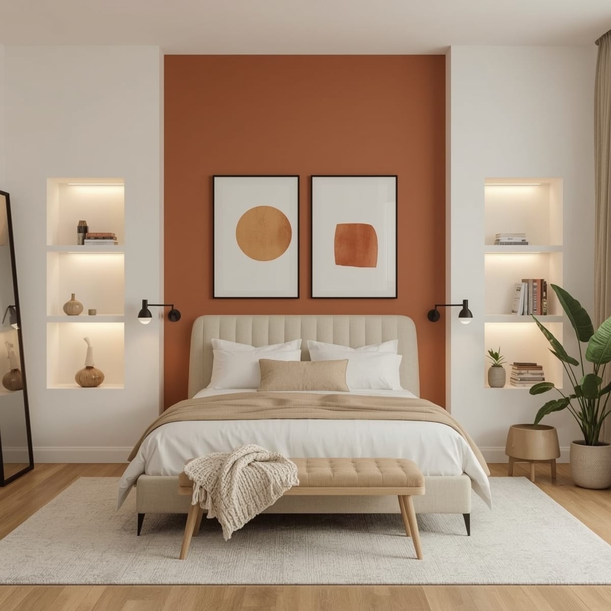Déco chambre adulte tendance avec un mur terre de Sienne, une tête de lit en bois rainuré, des niches murales et un éclairage doux pour un havre de paix cosy.