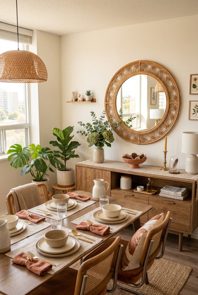 Salle à manger élégante avec miroir rond capturant la lumière naturelle et diffusant une aura chaleureuse et apaisante sur l'ensemble de l'espace