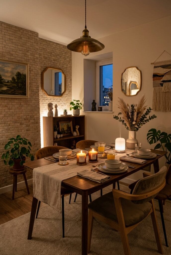 Salle à manger apaisante avec bougies parfumées et bouquet séché créant une atmosphère réconfortante et enveloppante aux notes douces et naturelles