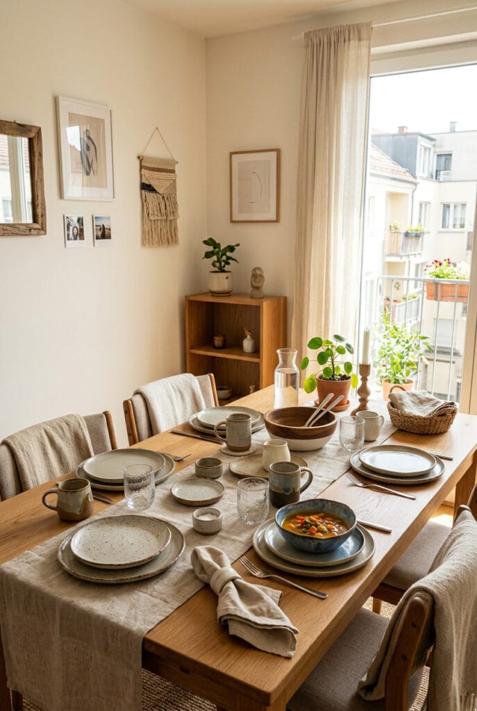 Salle à manger cosy avec vaisselle artisanale en grès, bols irréguliers et verres soufflés à la main apportant authenticité et poésie silencieuse à la table