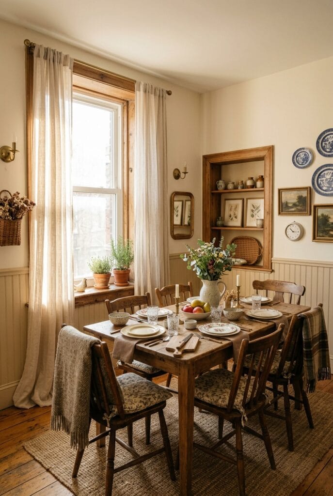 Salle à manger apaisante avec rideaux légers en lin lavé filtrant doucement la lumière naturelle et créant une atmosphère chaleureuse et enveloppante