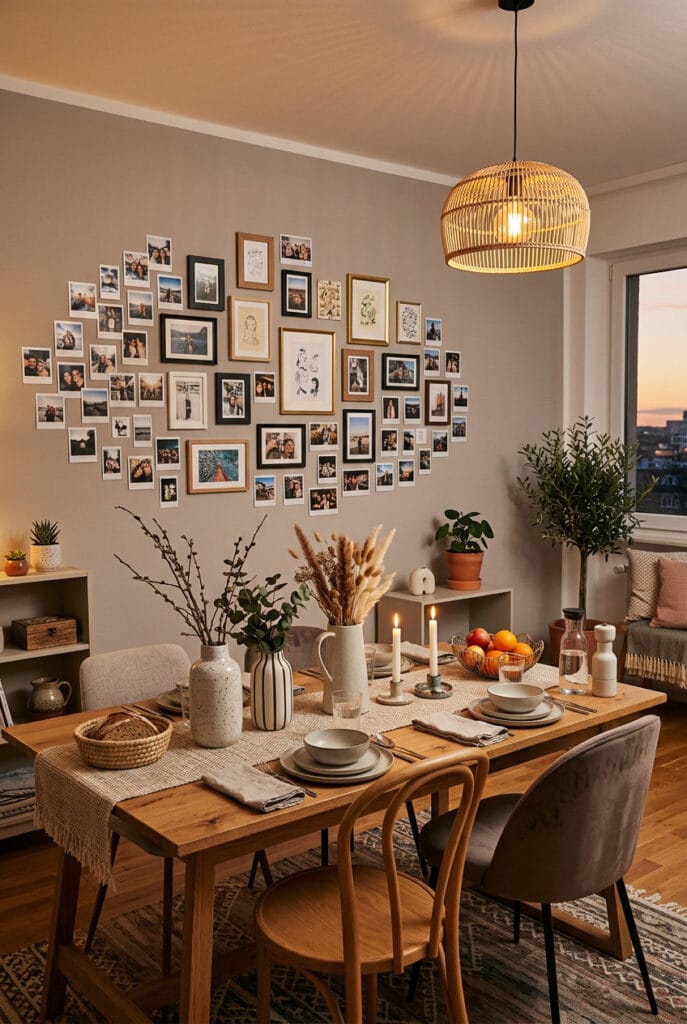 Salle à manger cocooning avec galerie murale de cadres croisés et superposés créant un rythme visuel spontané et poétique au-dessus du coin repas