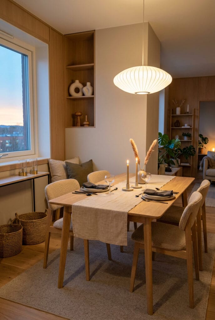 Intérieur de salle à manger minimaliste avec une table en bois clair, un chemin de table en lin brut, des bougies blanches et la lumière naturelle qui révèle les tissages et les surfaces mates.