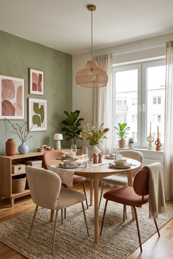Salle à manger cocooning avec contrastes subtils entre mur profond et table claire, coussins aux tons doux apportant profondeur et équilibre visuel