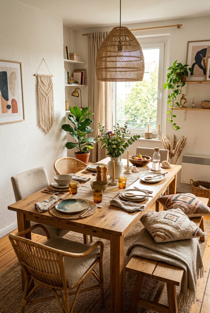 Salle à manger cosy avec table en bois naturel aux nervures authentiques entourée de chaises aux tons neutres dans une ambiance chaleureuse et apaisante