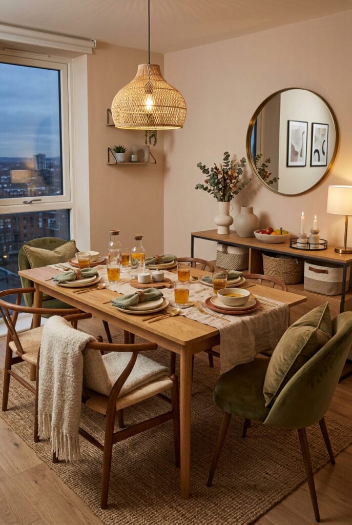 Salle à manger cosy avec chemin de table en lin froissé, coussins moelleux et plaid doucement posé créant une atmosphère de confort et de douceur textile