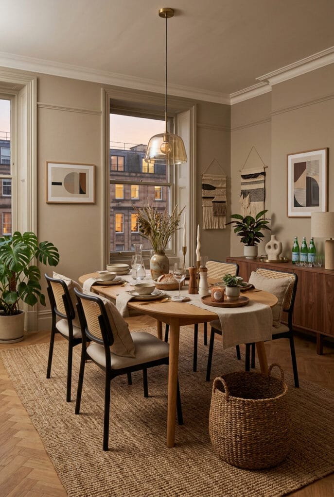 Salle à manger cocooning avec tapis en jute naturel sous la table apportant texture douce et chaleur aux tons naturels dans un espace harmonieux