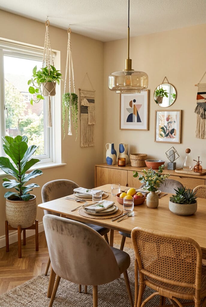 Salle à manger naturelle et sereine avec plantes variées en pots de terre cuite et osier apportant fraîcheur et douceur à l'espace