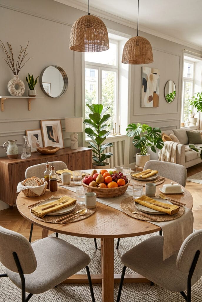 Salle à manger cocooning avec corbeille en rotin au centre de la table évoluant au fil des saisons et apportant fraîcheur et dynamisme décoratif naturel