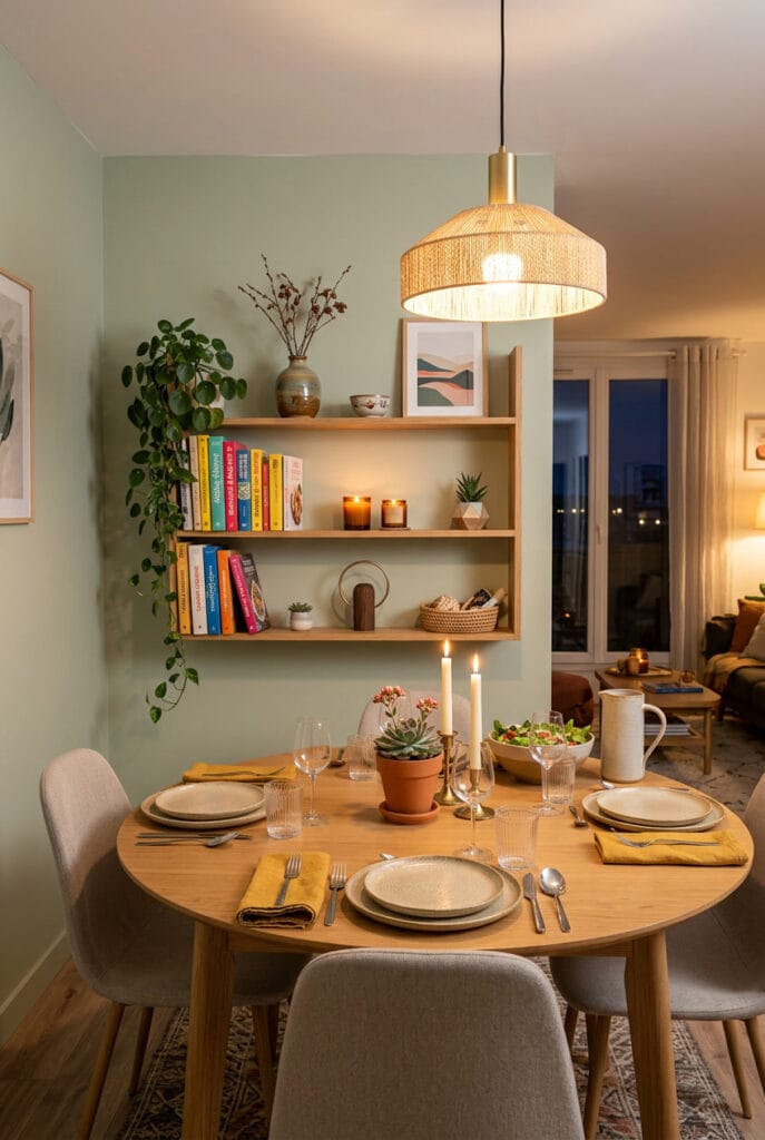 Salle à manger cosy avec étagère murale mêlant livres de recettes, poteries et bougies créant un théâtre de souvenirs chaleureux et personnel