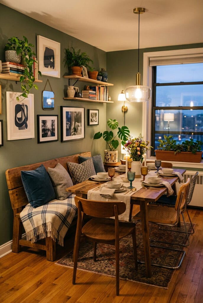 Salle à manger cocooning avec banc en bois et textiles doux négligemment disposés, coussins et plaids créant un contraste chaleureux et un effet cocooning immédiat