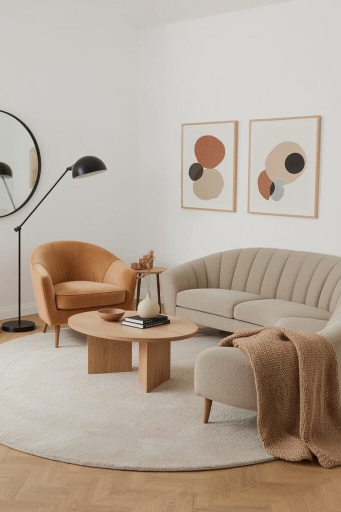 Tendance decoration interieure salon mobilier courbé formes organiques velours bois clair cosy