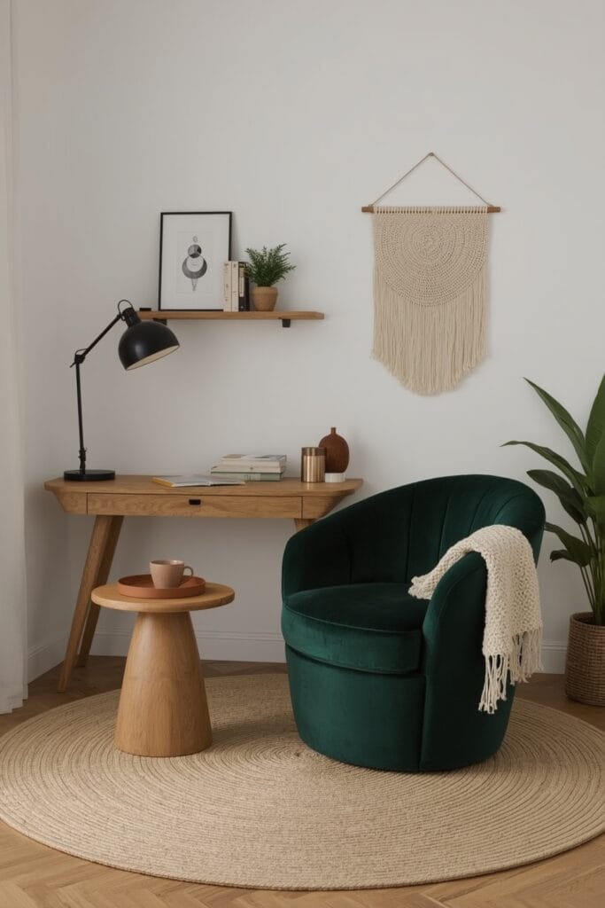 Tendance decoration interieure bureau mobilier courbé formes organiques velours vert bois clair