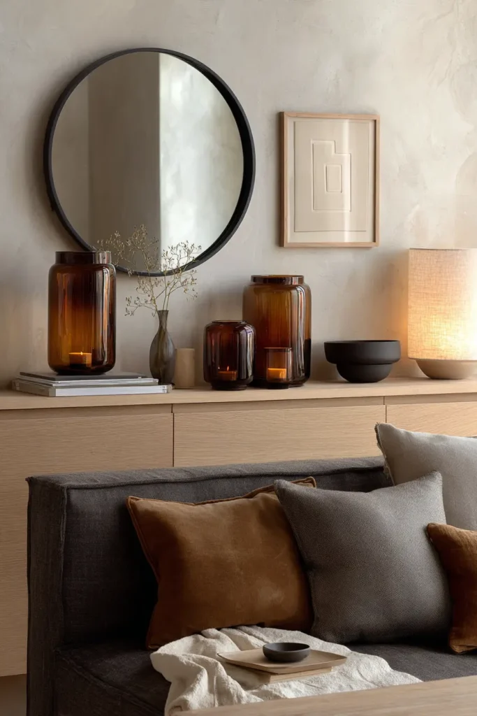 Tendance decoration interieure salon verre ambré objets lumineux ambiance retro-chaleureuse cosy