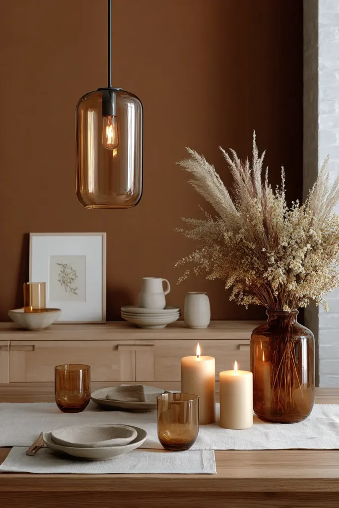 Tendance decoration interieure salle à manger verre ambré suspension lumineuse ambiance cosy