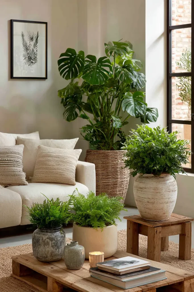 Tendance decoration interieure salon plantes XXL monstera ficus terre cuite rotin cosy