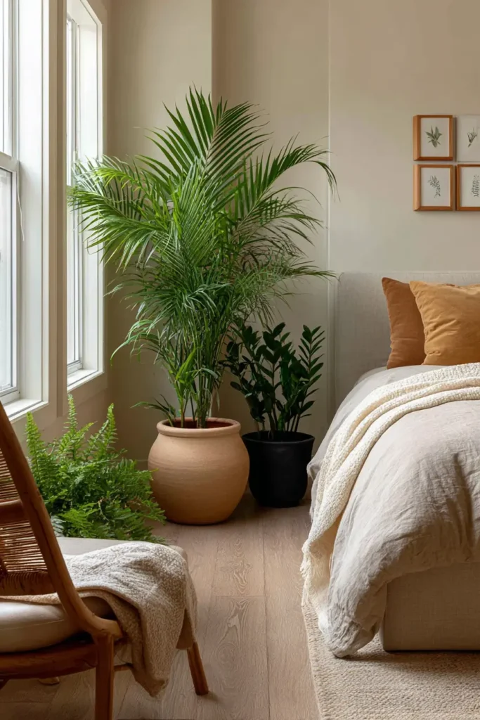 Tendance decoration interieure chambre plantes XXL palmier kentia pot céramique cosy