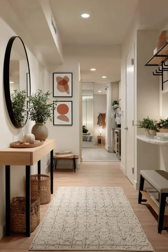 Tendance decoration interieure couloir mix bois clair metal noir console appartement cosy