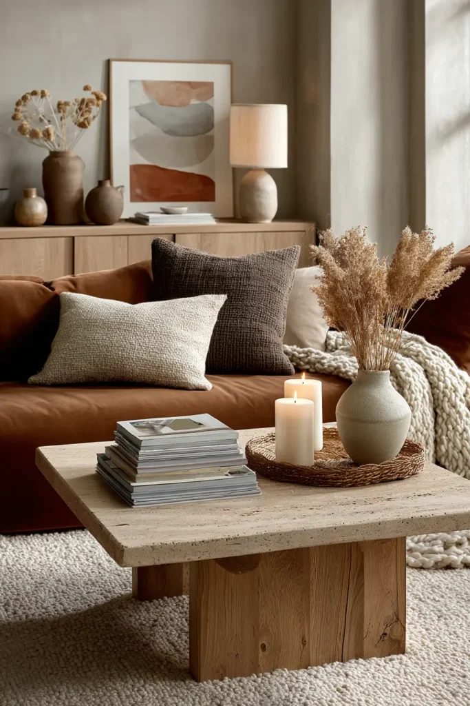 Tendance decoration interieure salon table pierre naturelle travertin bois clair cosy