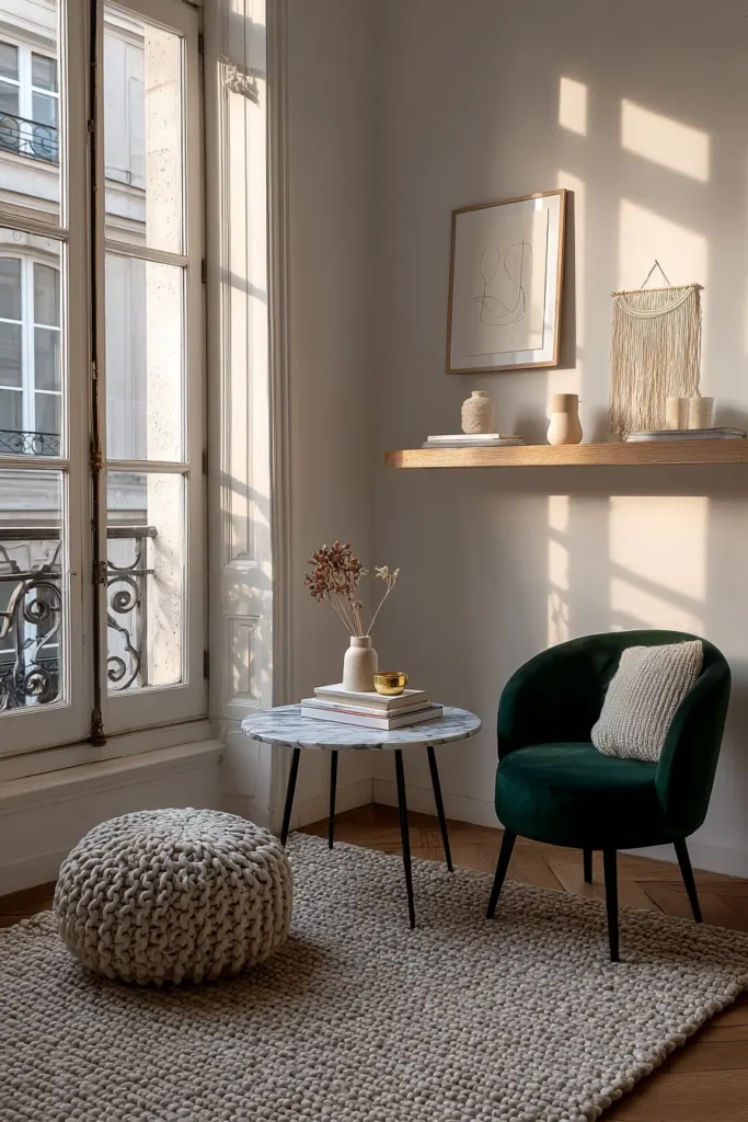 Tendance decoration interieure coin salon table pierre naturelle marbre velours vert cosy