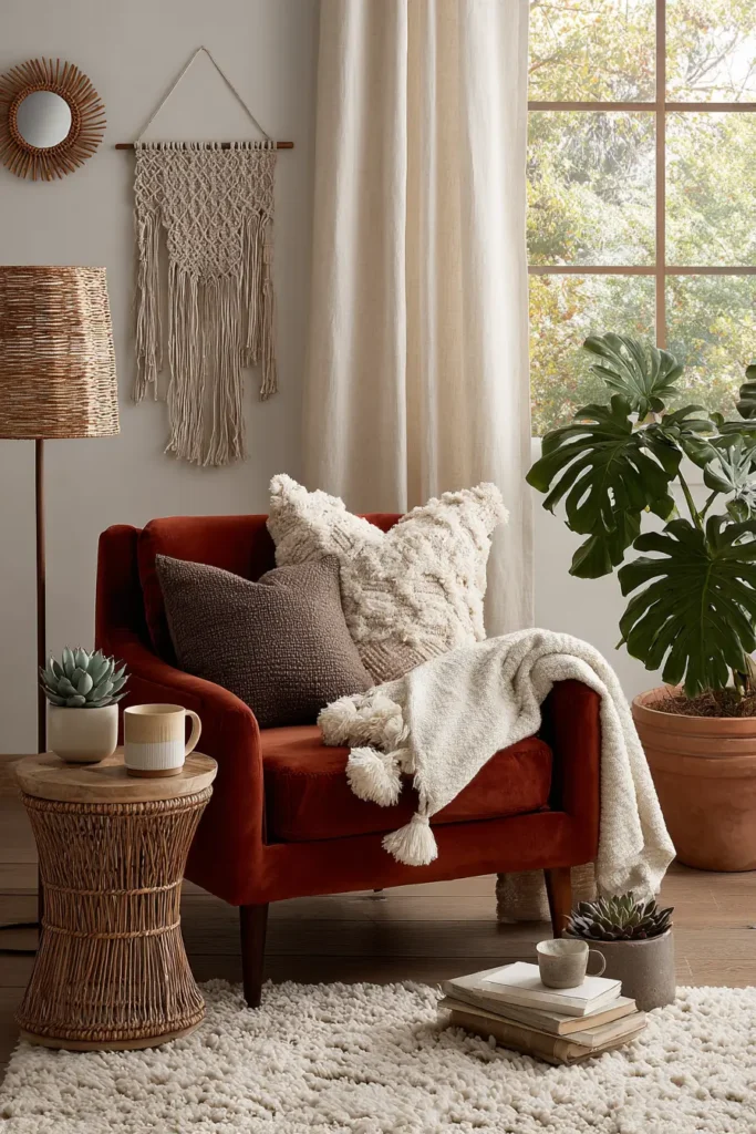 Tendance decoration interieure coin cocooning fauteuil velours terracotta textile cosy